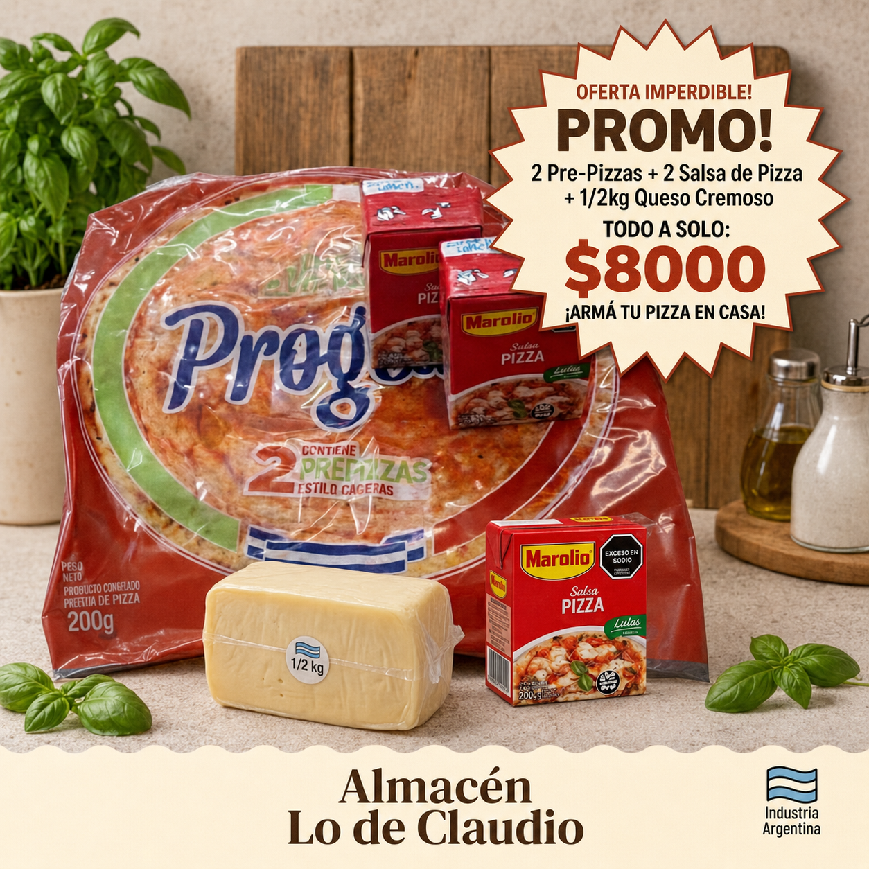 2 prepizzas + 2 salsa de pizza + 1/2 kg Queso cremoso